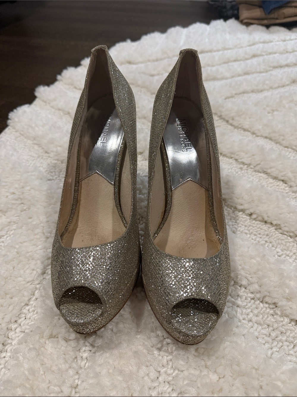 Michael Kors Gold Glitter Peep-Toe Heels - Women's Dress Pumps
